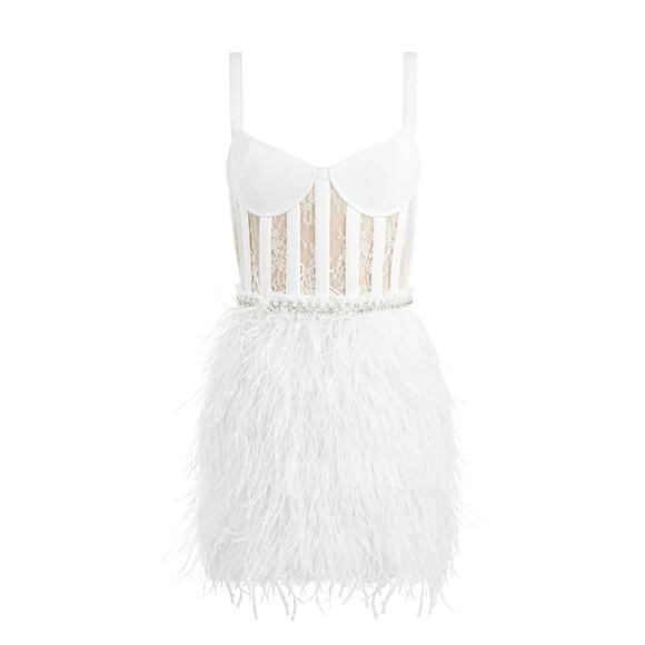 ALICE + OLIVIA XIA SHEER BUSTIER CRYSTAL FEATHERED MINI DRESS SIZE 0 XS WHITE - Picture 6 of 11